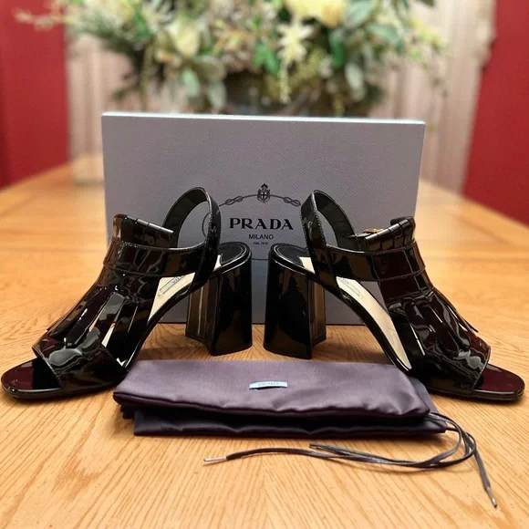 PRADA Patent Leather Kilt Block-Heel Sandals - Picture 12 of 15